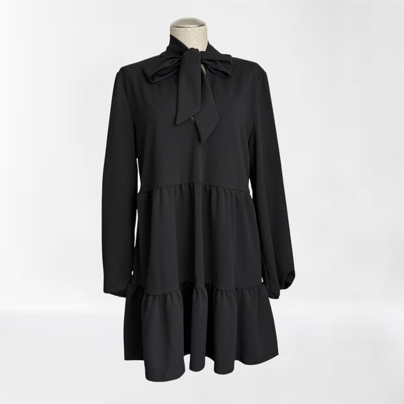 Zara Black Tiered Bow Tie Neck Dress - Size M - Picture 1 of 10